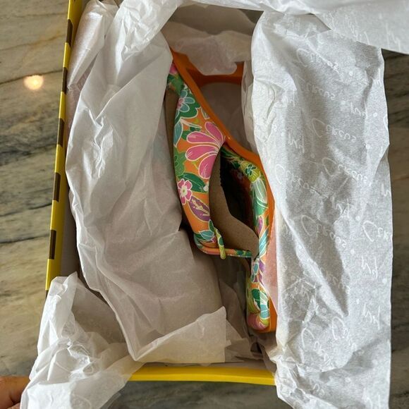 Skeet Slide Sandals, Circus by Sam Edelman, Orange Tropical Flower Square Toe - Picture 9 of 12